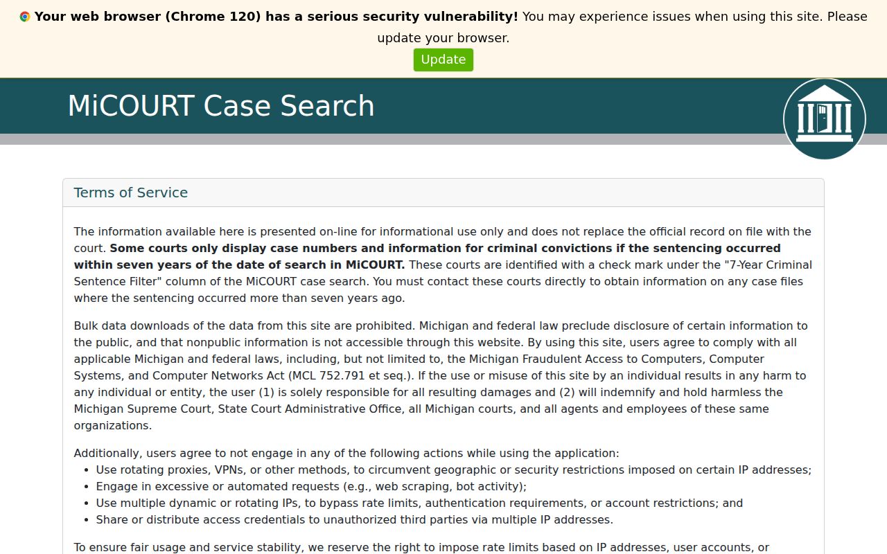 Kalamazoo County case search on the MiCOURT public search screen