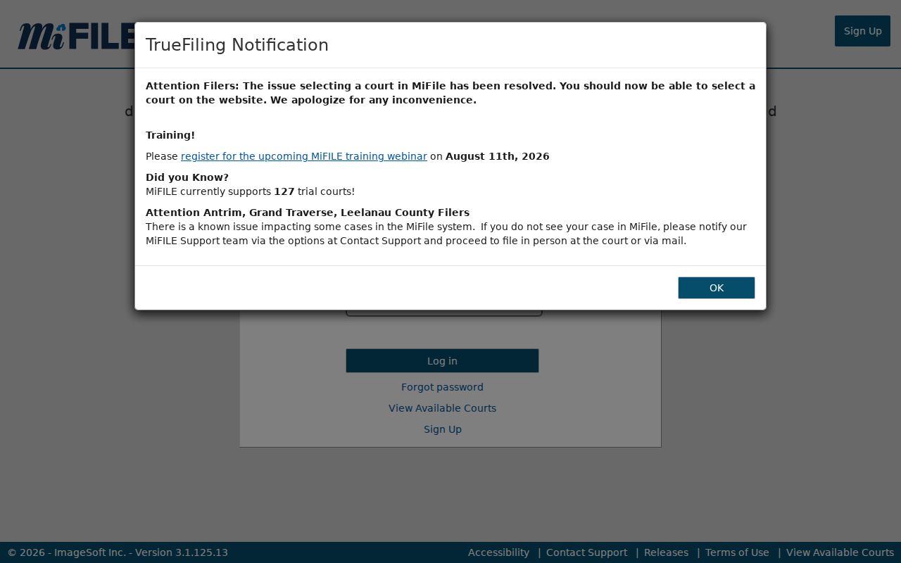 Kalamazoo County case search distinction shown by MiFILE login screen