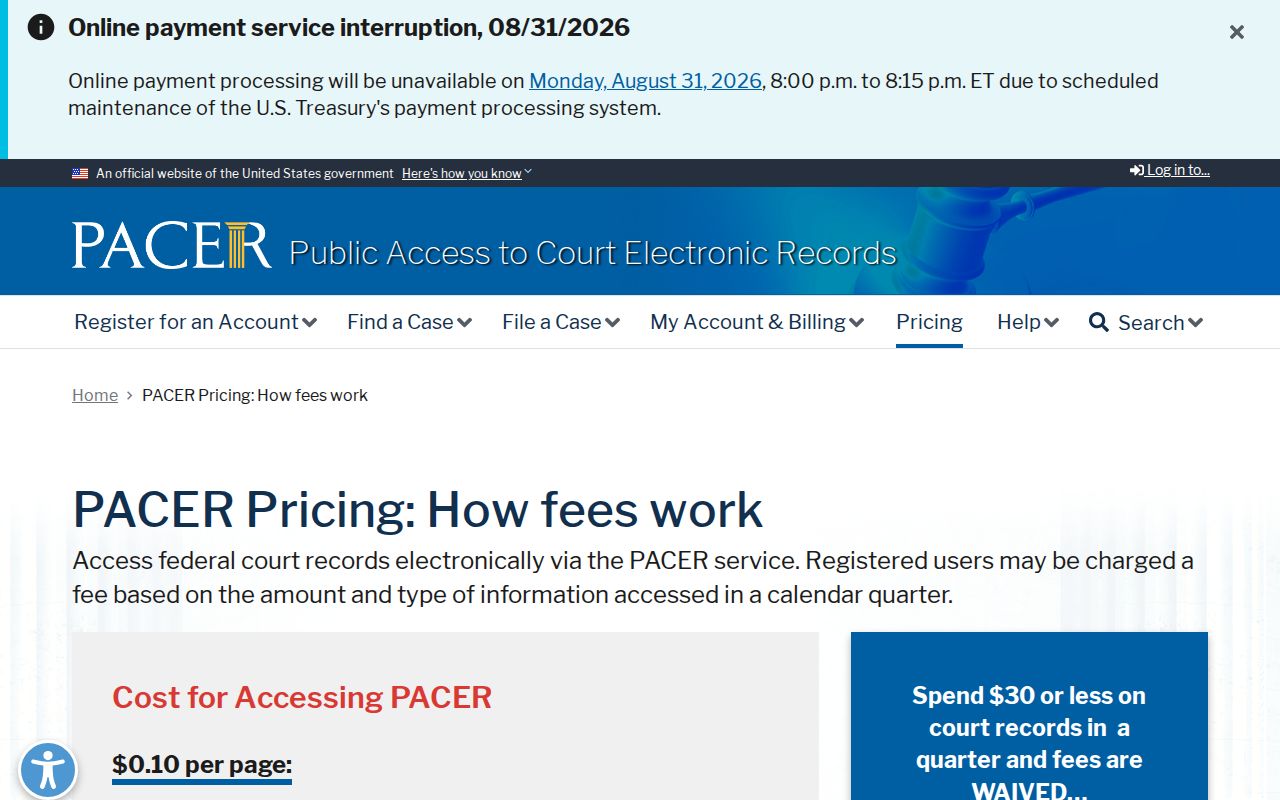 Kalamazoo County case search federal PACER fee information screen