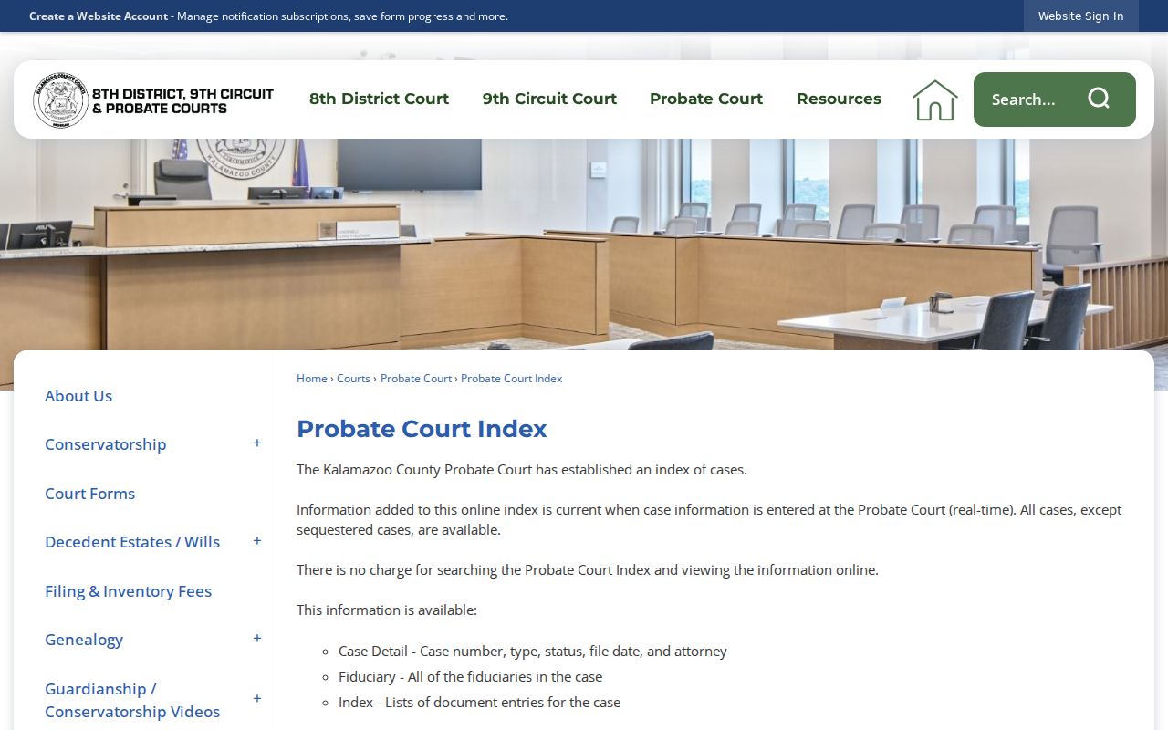 Kalamazoo County civil docket Probate Index access information
