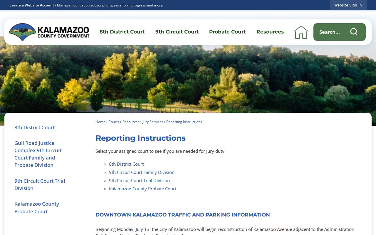 Kalamazoo County court calendar reporting and courthouse traffic notice
