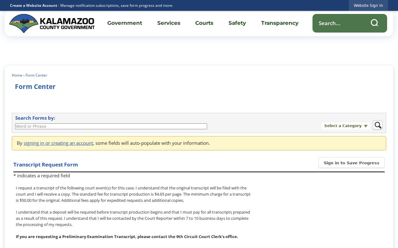 Kalamazoo County court records transcript request form