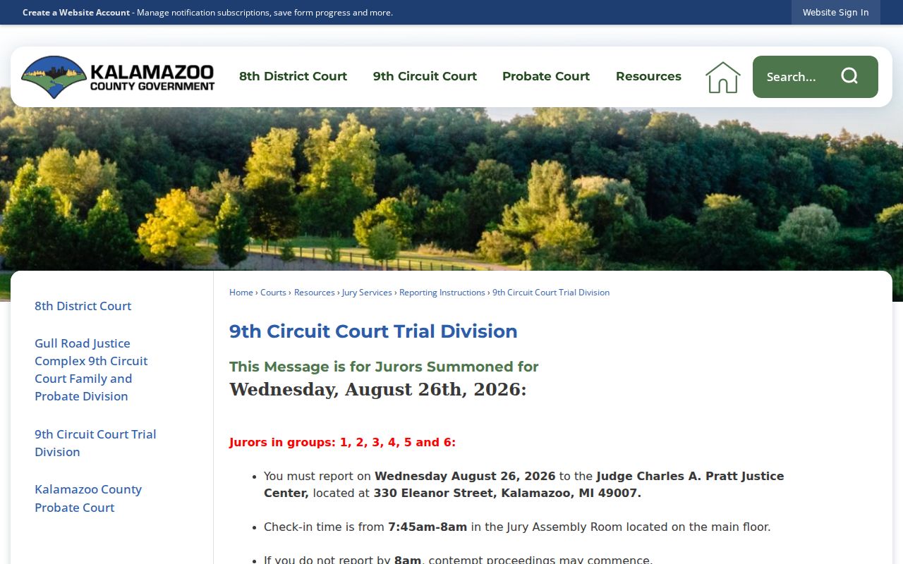 Kalamazoo County criminal docket trial division notice at the Pratt Justice Center