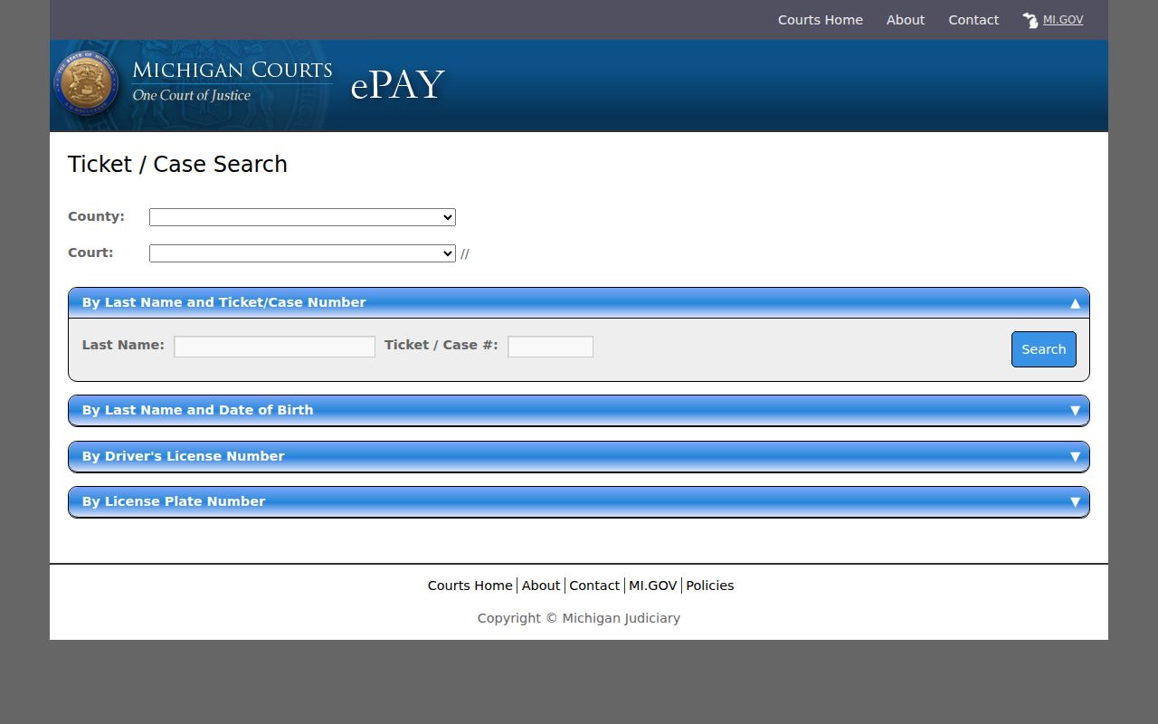 Kalamazoo County traffic court records Michigan ePAY citation lookup form