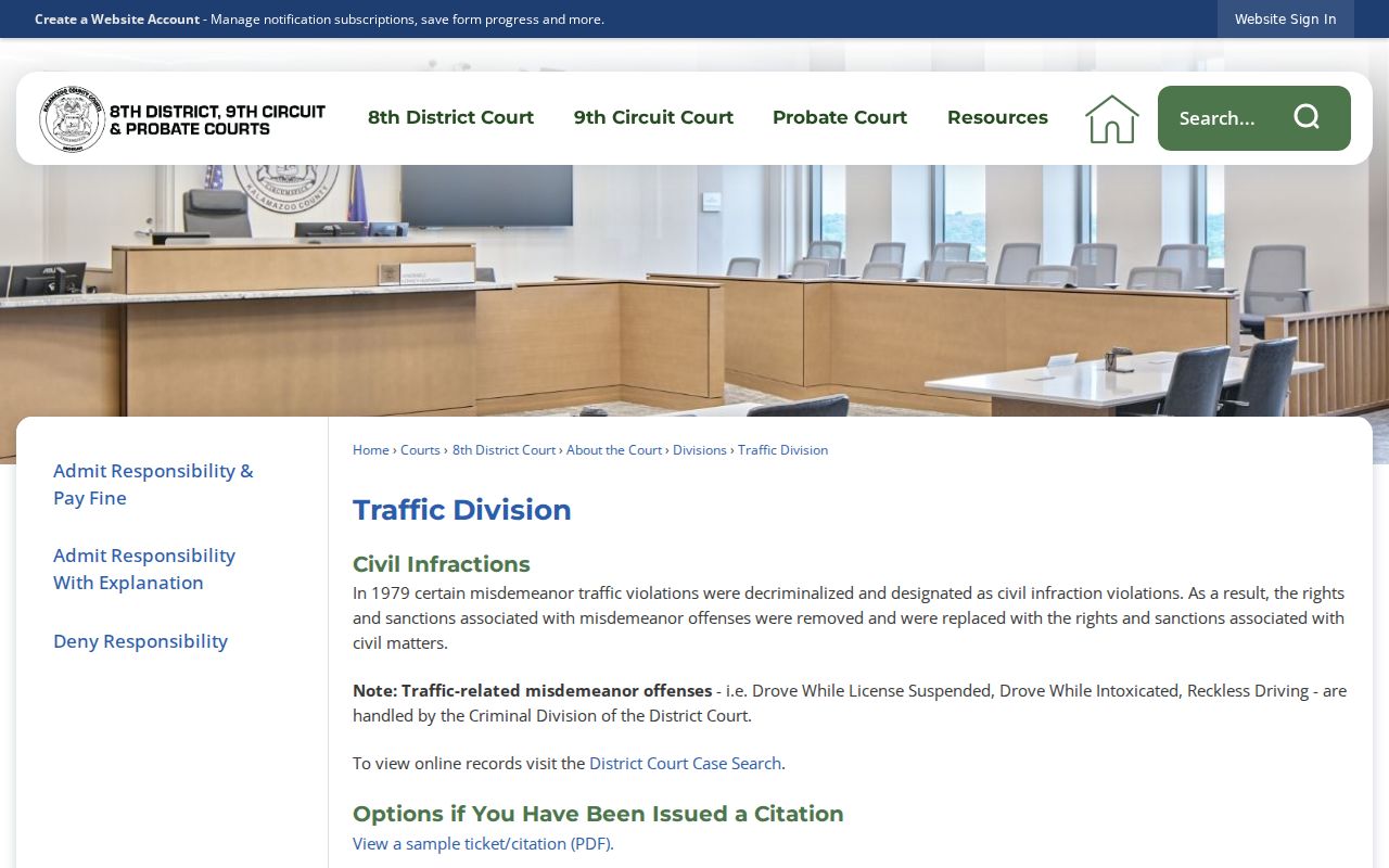 Kalamazoo County traffic court records Traffic Division information page